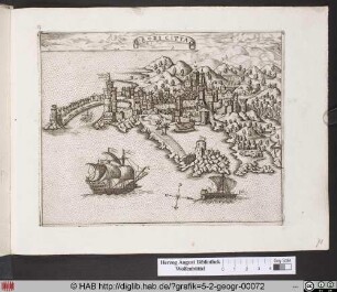 Landkarte mit Stadtansicht von Rhodi/Rodos/Rhodes.