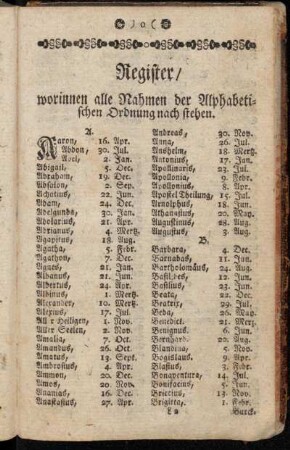 Register/ worinnen alle Nahmen der Alphabetischen Ordnung nach stehen.