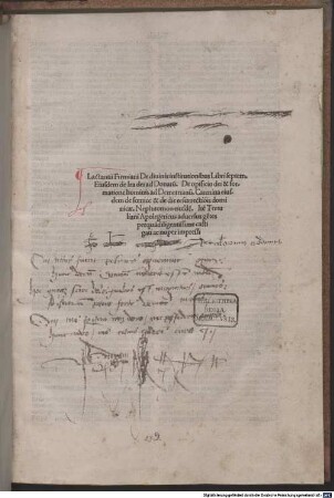 Divinae institutiones : mit den Errata zu Lactantius von Antonius Raudensis. Mit Vorwort an den Leser, Zitaten zu Lactantius aus Hieronymus' De viris illustribus und aus einem Brief des Leonardus Brunus an Costanza Varano Sforza. Mit der gereimten Schlußschrift aus der Lactantius-Ausgabe des Adam von Ammergau, 1471 (Hain 9809)