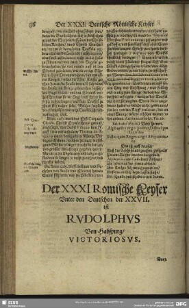 Der XXXI Römische Keyser, Unter den Deutschen der XXVII. ist Rudolphus Von Habspurg, Victoriosus