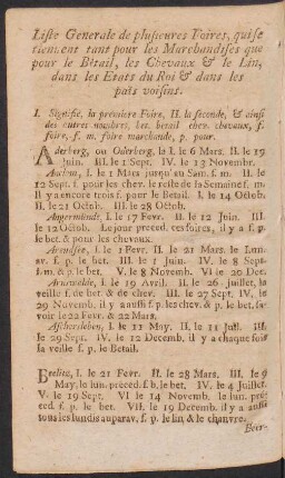 Liste generale de plusieures foires, qui se tiennent tant pour les marchandises que pour le Bêtail, les chevaux & le lin, dans les Etats du Roi & dans les pais voisins