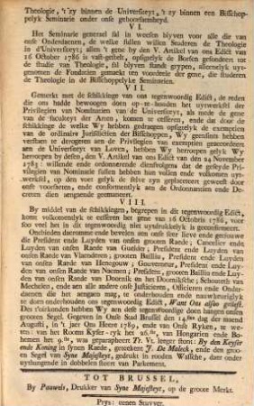 Edict Van Den Keyzer Ende Koning, Raekende de Seminarien. Van den 1789 : Josephus by de gratie Gods, Rooms Keyzer, altyd vermeer des Ryks ... Het sal aen Bisschoppen vry staen in hunne Bisschoppelyke SEminarien, opgeregt in onse Dominatie ...