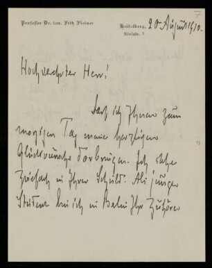 Brief von Fritz Fleiner an Otto von Gierke, Heidelberg, 20.8.1910