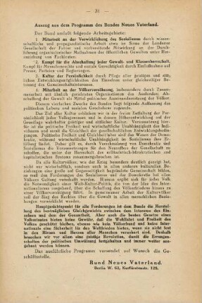 31, Auszug aus dem Programm des Bundes Neues Vaterland