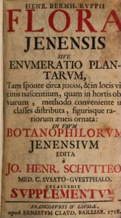Henr. Bernh. Ruppii Flora Ienensis Sive Enumeratio Plantarum, Tam sponte circa Ienam, & in locis vicinis nascentium, quam in hortis obviarum : methodo conveniente in classes distributa, figurisque rariorum aeneis ornata