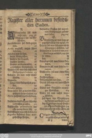 Register aller hierinnen befindlichen Sachen.