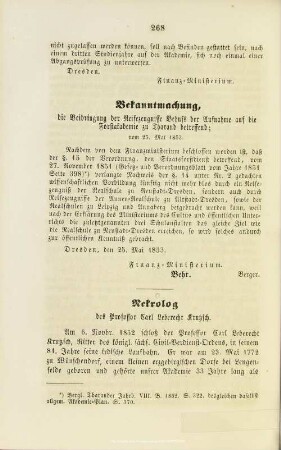 3. Bekanntmachung, die Beibringung der Reifezeugnisse Behufs der Aufnahme auf die Forstakademie zu Tharand betreffend
