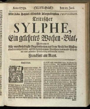 (XLVII. Stück.) den 10. Junii. Anno 1752.