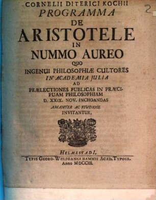 Cornelii Diterici Kochii Programma de Aristotele in nummo aureo