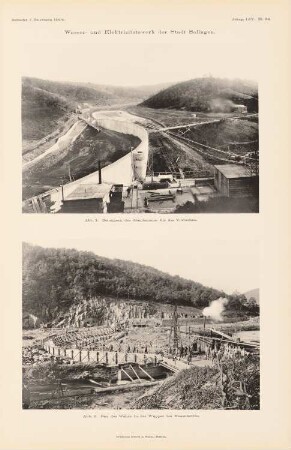 Wasser- und Elektrizitätswerk, Solingen: Talsperre im Sengbachtal, Bau des Wehres in der Wupper bei Neukötten (aus: Atlas zur Zeitschrift für Bauwesen, hrsg. v. Ministerium der öffentlichen Arbeiten, Jg. 54, 1904)