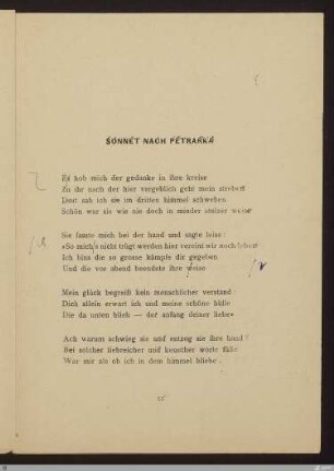 Sonnet nach Petrarka (Sonett nach Petrarka) : [SW I: keine Sigle]; [SW I, S. 63/124] / Francesco Petrarca