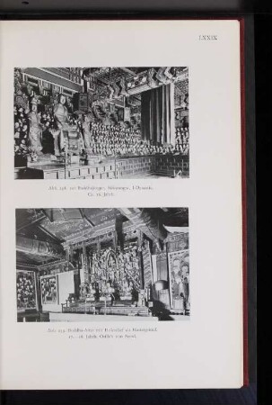 Abb. 239. Buddha-Altar mit Holzrelief im Hintergrund. 17. - 18. Jahrh. Östlich von Seoul.