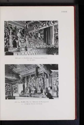 Abb. 239. Buddha-Altar mit Holzrelief im Hintergrund. 17. - 18. Jahrh. Östlich von Seoul.