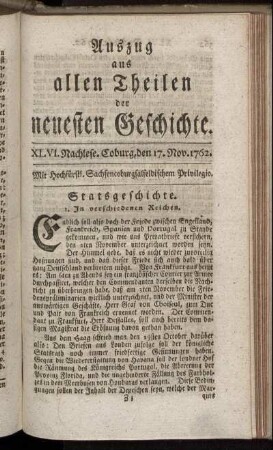 XLVI. Nachl. Coburg, den 17. Nov. 1762.