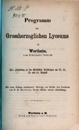 Programm des Grossherzoglichen Lyceums in Wertheim : vom Schuljahre .... 1865/66