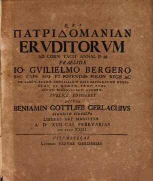 Patridomanian Ervditorum Ad Corn. Tacit. Annal. II. 88