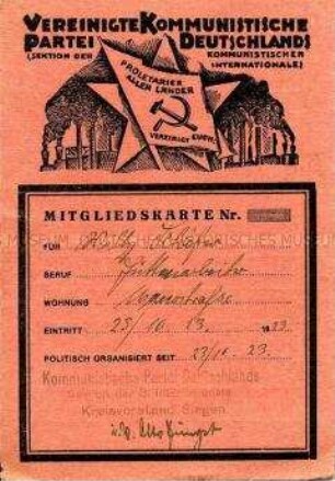 Mitgliedskarte der Vereinigten Kommunistischen Partei Deutschlands (VKPD)