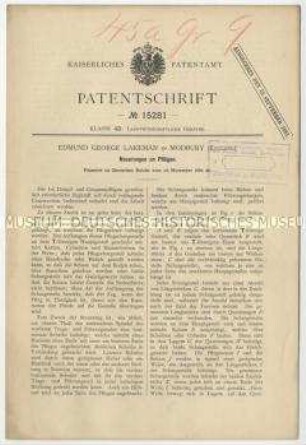 Patentschrift über Neuerungen an Pflügen, Patent-Nr. 15281