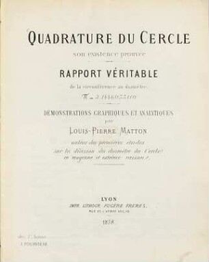Quadrature du Cercle son existence prouvée : = 3,1446055110