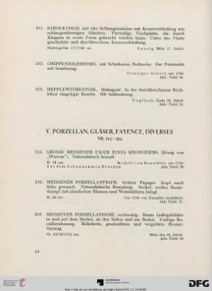 V. Porzellan, Gläser, Fayence, Diverses (Nr. 214-304)