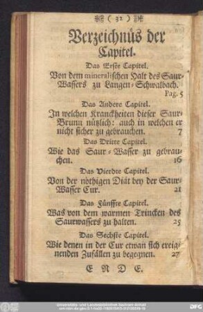 Verzeichnüs der Capitel.