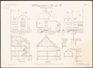 Schillergymnasium, Münster: Direktorenwohnhaus: Aufriss Südansicht, Ostansicht, Westansicht, Längsschnitt, Querschnitt 1:100