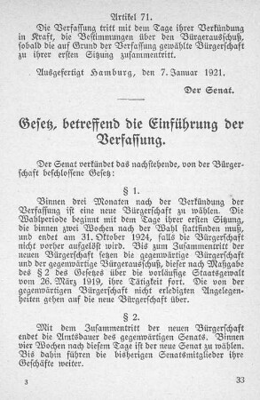 Gesetz, betreffend die Einführung der Verfassung.