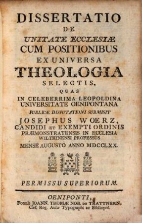 Diss. de unitate ecclesiae, cum positionibus theologia selectis