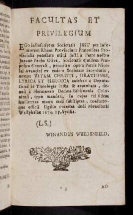 3r-3v, Facultas Et Privilegium; Ad Lectorem Religiosum