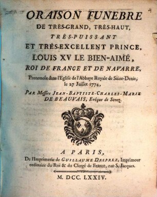 Oraison funebre de Louis XV. Roi de France