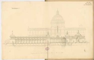 Umgestaltung der Schlossfreiheit, Berlin Monatskonkurrenz September 1874: Aufriss Spreeansicht; Maßstabsleiste