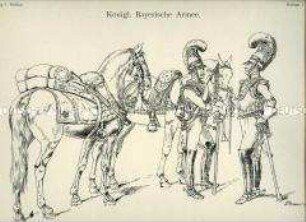 Uniformdarstellung, Detailstudie Pferde, Sattel, Ausrüstung der Garde du Corps und der Kürassier-Regimenter, Königreich Bayern, 1814/1827. Beiblatt 1 zu Tafel X aus: Müller/Braun: Königl. Bayerische Armee.