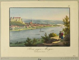 Stadtansicht von Pirna mit dem Sonnenstein und der Marienkirche von Posta im Nordosten über die Elbe