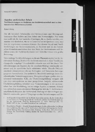 Aspekte archivischer Arbeit : Veröffentlichungen zu Archiven, zur Archivwissenschaft und zu den historischen Hilfswissenschaften
