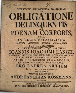 Diss. philos. inaug. de obligatione delinquentis ad poenam corporis