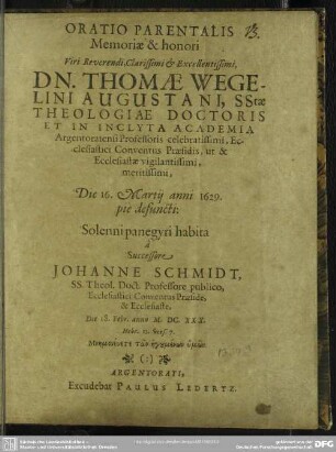 Oratio parentalis memoriae Thomae Wegelini