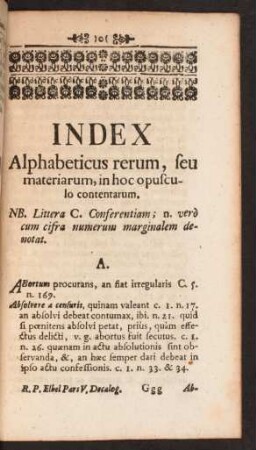 Index Alphabeticus rerum, seu materiarum, in hoc opusculo contentarum