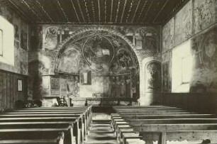 Pontresina (Schweiz). Kirche Santa Maria. Inneres mit Arvenholzdecke (1497) und Fresken (1401/1500)