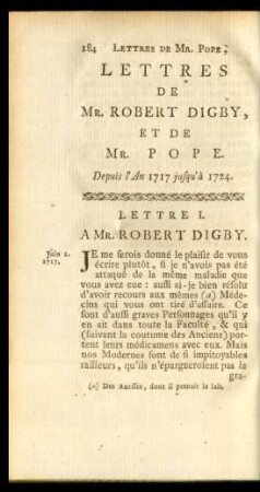 Lettres De Mr. Robert Digby, Et De Mr. Pope. Depuis l'An 1717 jusqu'à 1724.