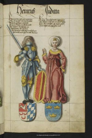 Bl. 24r: Heinrich, Juditta : Heinrich II. Hzg. v. Bayern, + 955 (S. Kg. Heinrichs I.), oo Judith v. Bayern, T. d. Hzg. Arnulf