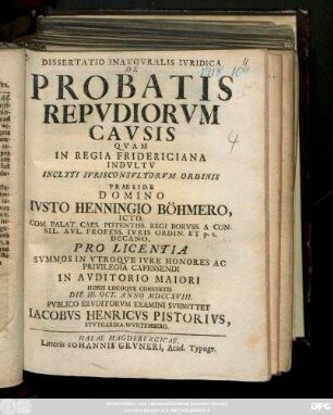 Dissertatio Inavgvralis Ivridica De Probatis Repvdiorvm Cavsis