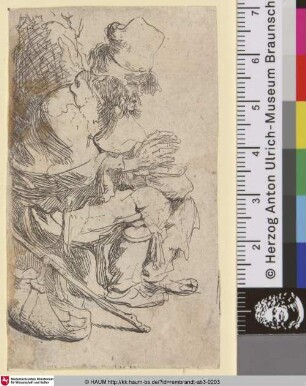 [Sitzender Bettler, seine Hände über der Glutpfanne wärmend; Beggar Seated Warming his Hands at a Chafing Dish; Gueux assis au bas d'un mur]