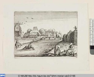 Fluß mit Holzlager und Wäscherinnen