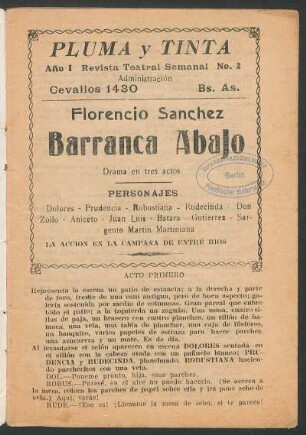 1920000200: Barranca abajo : drama en tres actos