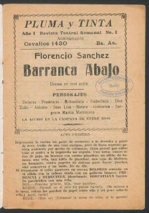 1920000200: Barranca abajo : drama en tres actos