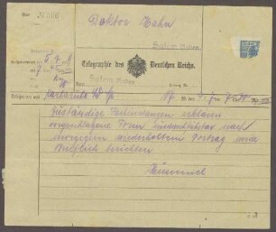 Telegramm von Hermann Hummel an Kurt Hahn; Ankündigung eines Briefes und Stellungnahme der Fachinstanzen zu einem spezifischen Anliegen
