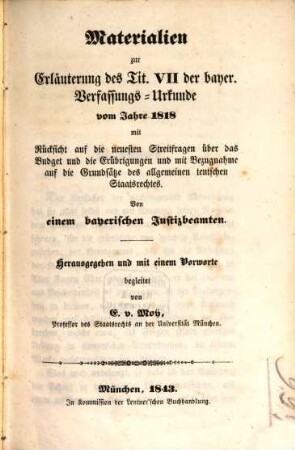 Materialien zur Erläuterung des Tit. VII der bayer. Verfassungs-Urkunde vom Jahre 1818 ...