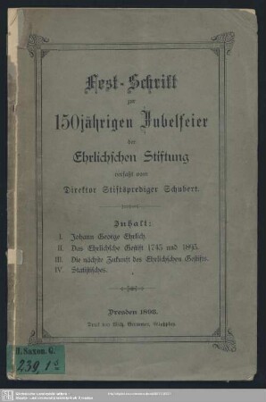 Fest-Schrift zur 150jährigen Jubelfeier der Ehrlichschen Stiftung