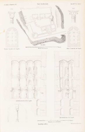 Burg Reichenberg: Lageplan, Grundrisse, Schnitte, Details (aus: Atlas zur Zeitschrift für Bauwesen, hrsg. v. G. Erbkam, Jg. 3, 1853)