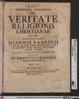 Dissertatio Theologica De Veritate Religionis Christianae
